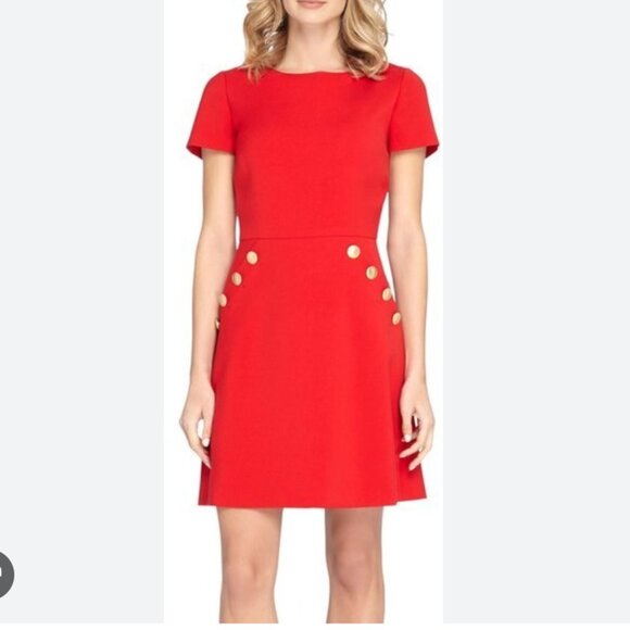 New Tahari Red Vibrant A-Line Business Professional Gold Button Dress Size 10 - Picture 1 of 8